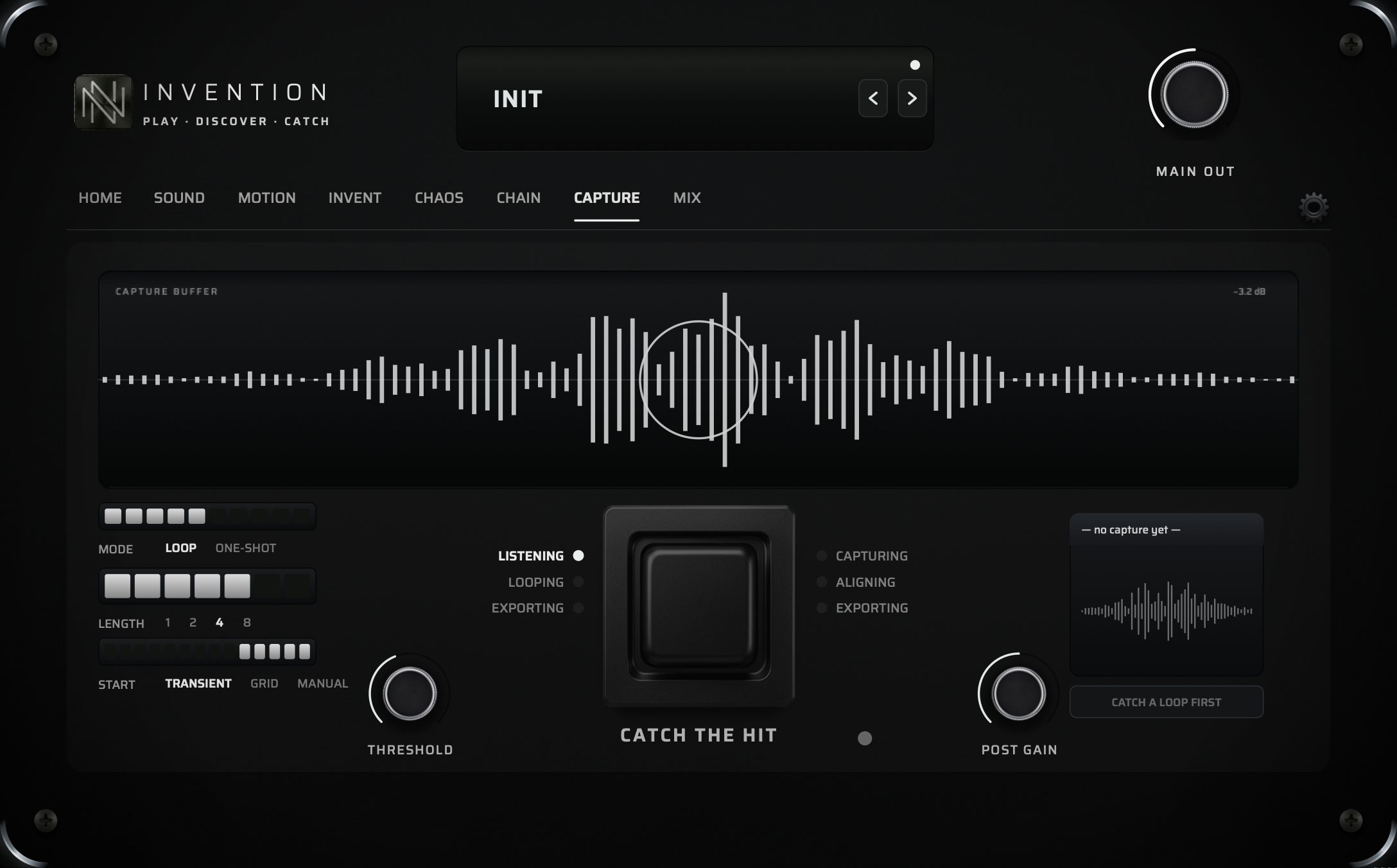 The CAPTURE page — capture buffer waveform, CATCH THE HIT button, threshold and post gain