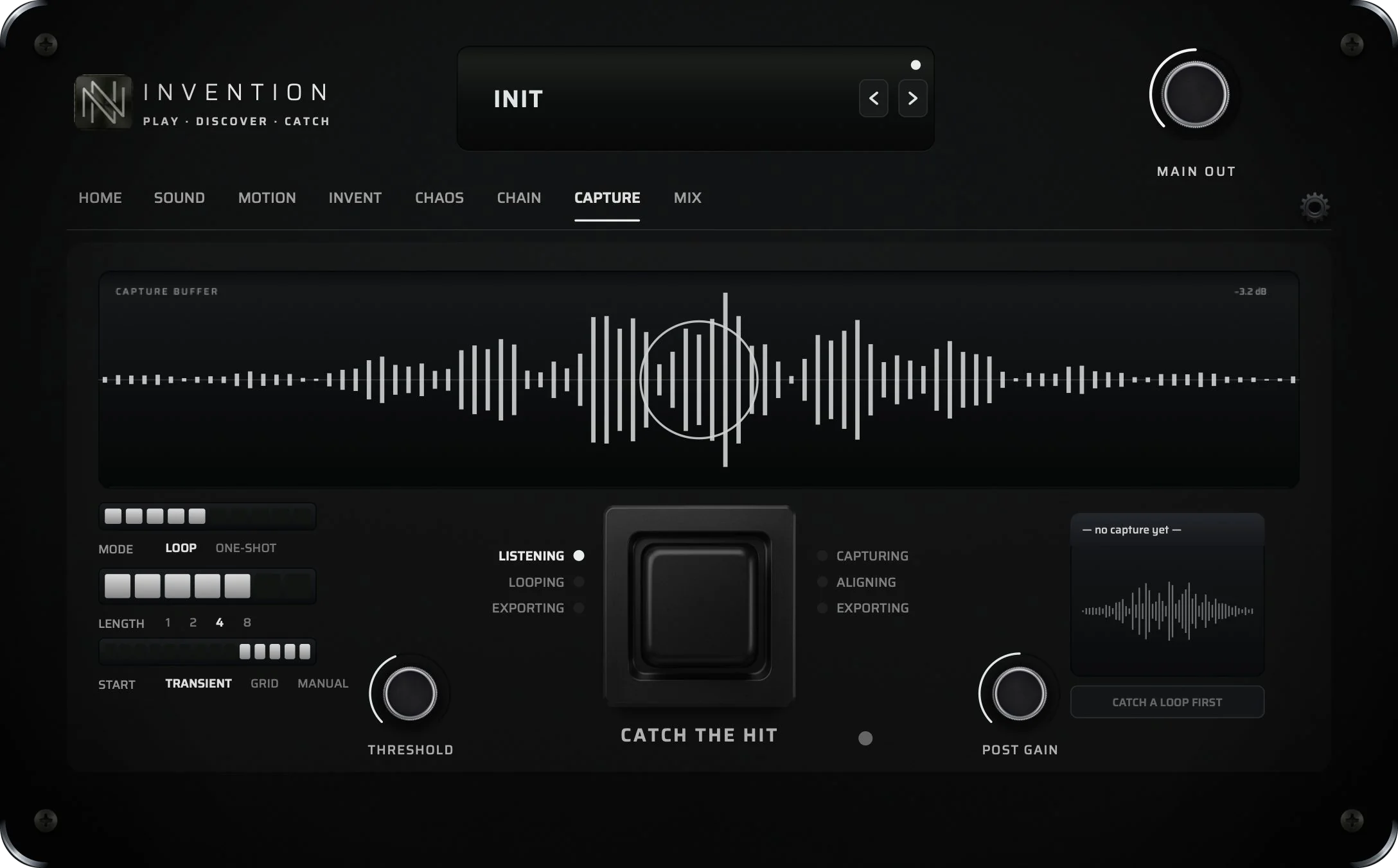 The CAPTURE page — capture buffer waveform, CATCH THE HIT button, threshold and post gain