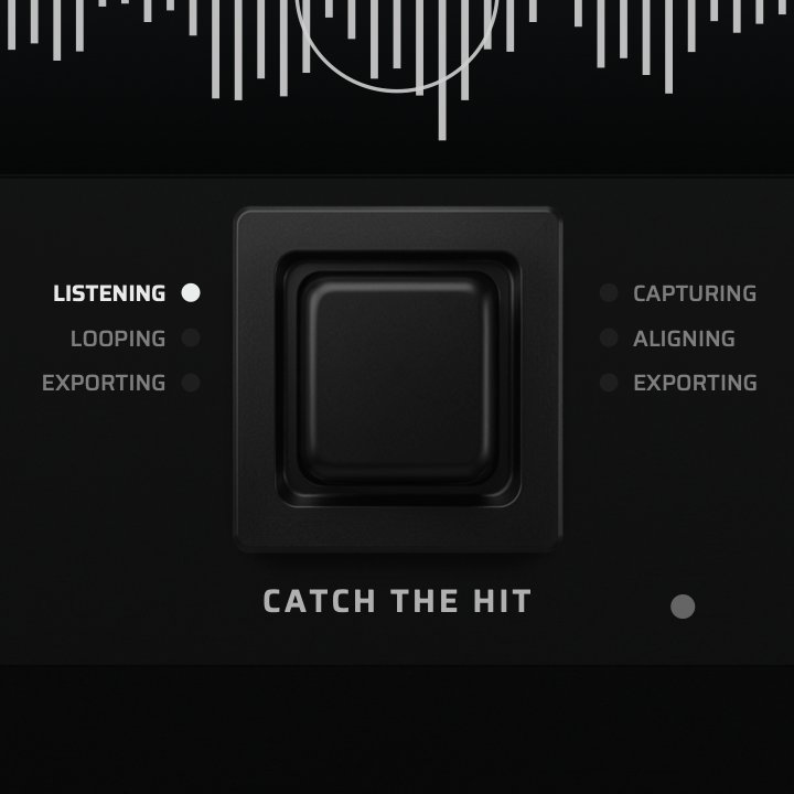 Close-up of the CATCH THE HIT button between its status LEDs