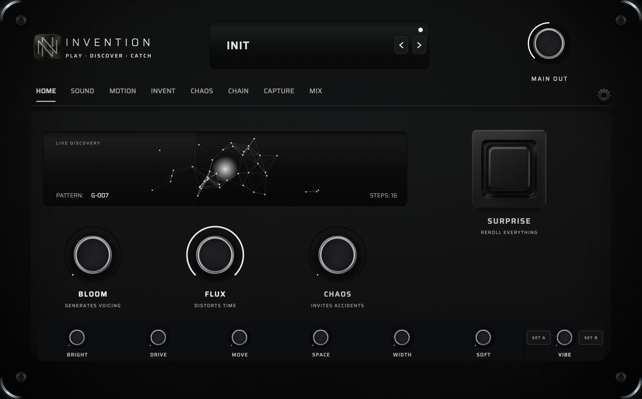 Invention — the HOME page: BLOOM, FLUX and CHAOS macro knobs on a black anodised faceplate