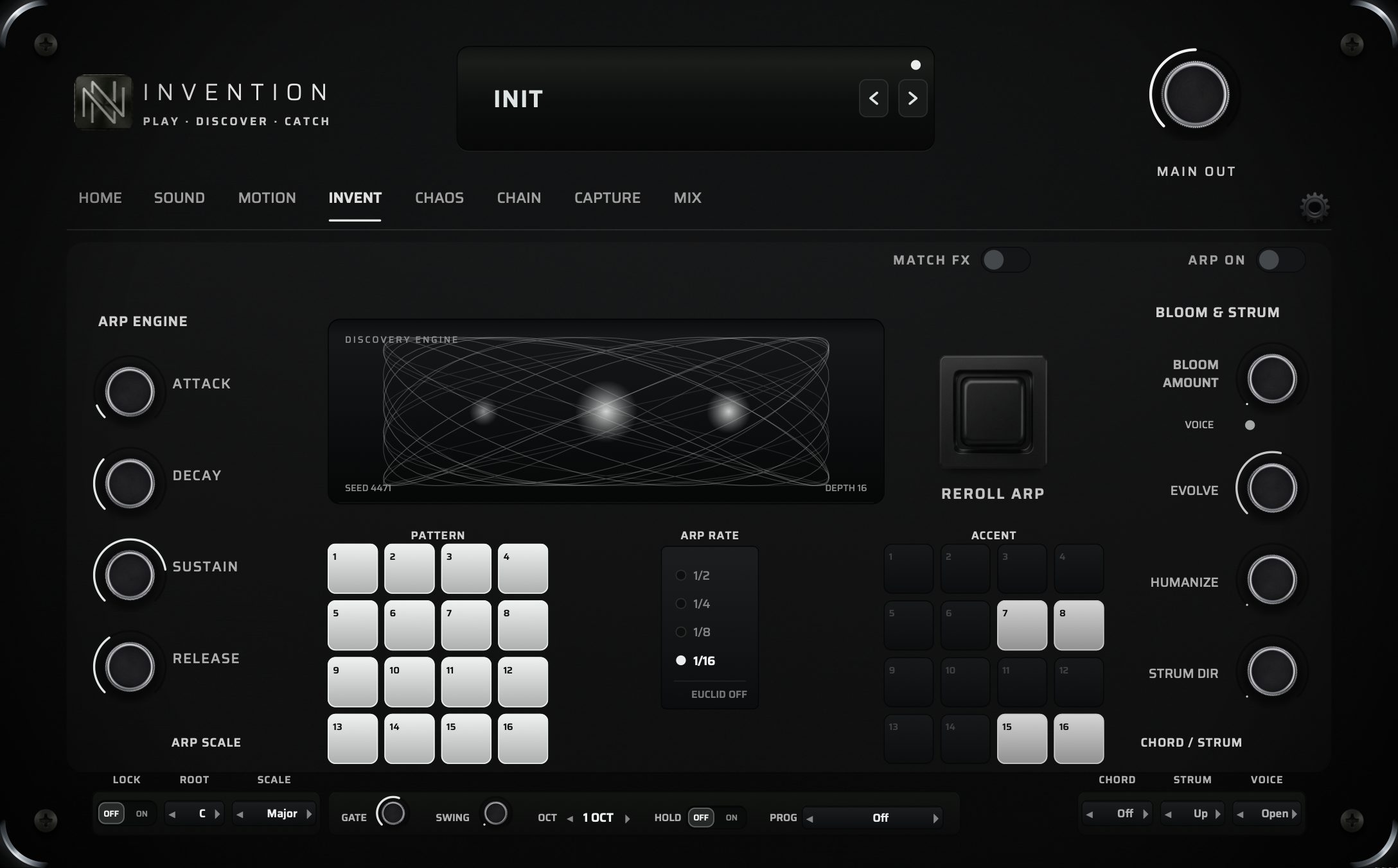 The INVENT page — discovery engine, pattern and accent grids, bloom and strum controls