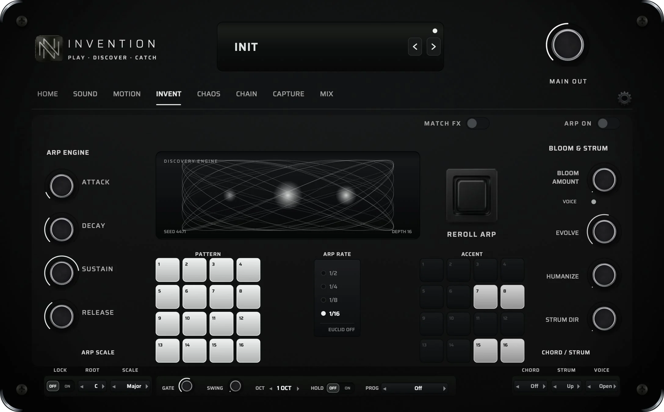 The INVENT page — discovery engine, pattern and accent grids, bloom and strum controls