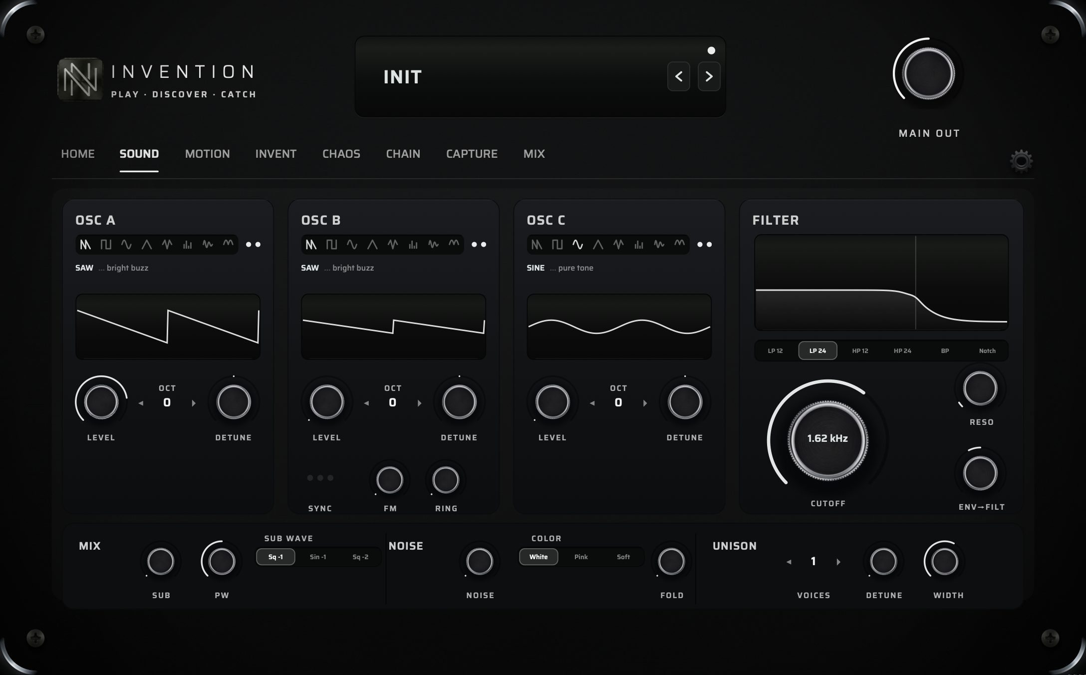 The SOUND page — three oscillators, eight waveforms, filter section