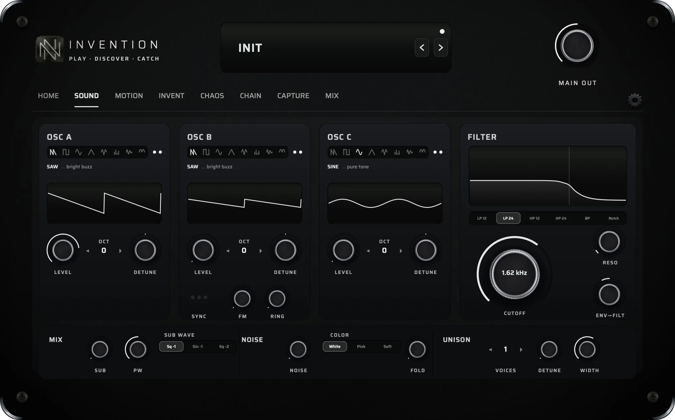 The SOUND page — three oscillators, eight waveforms, filter section